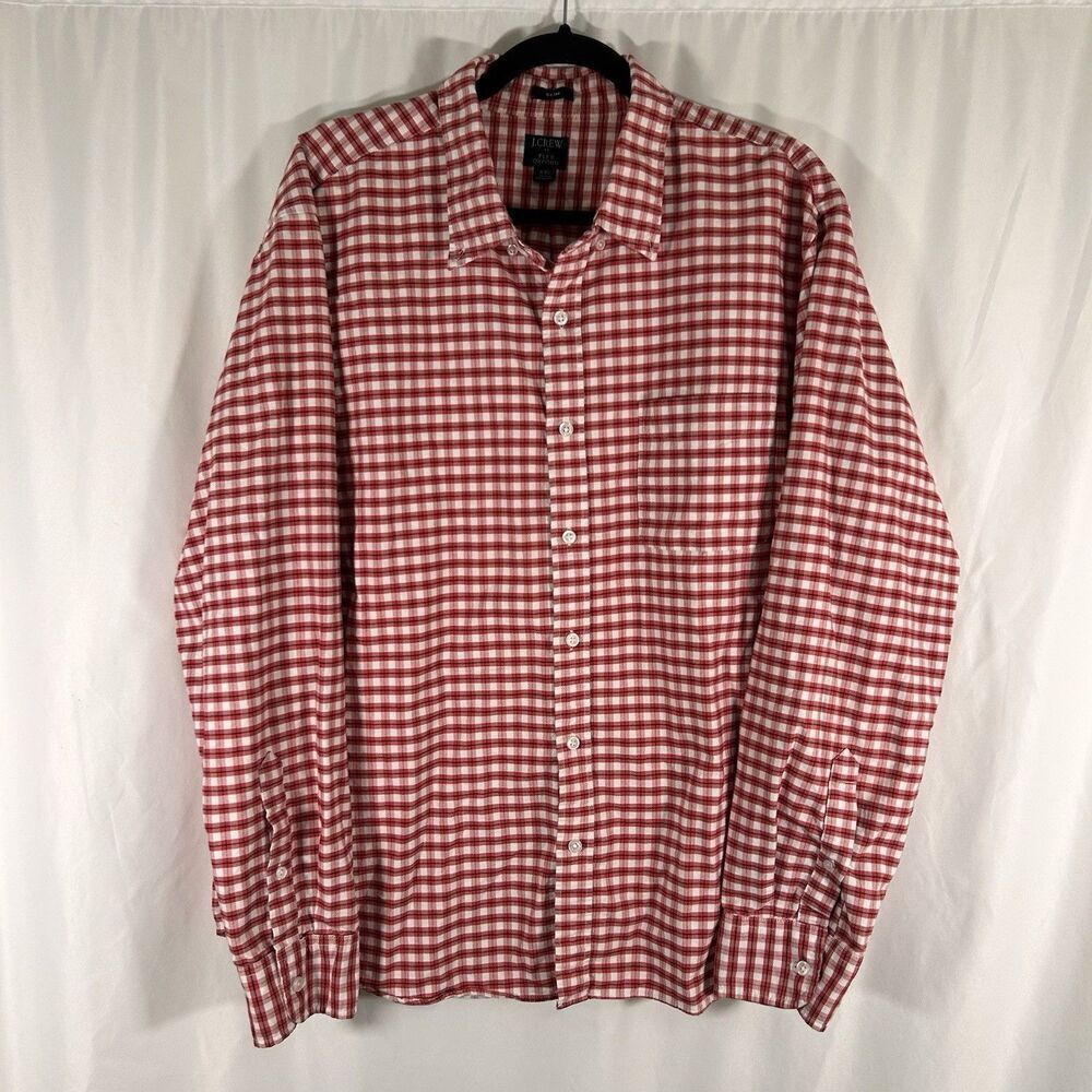 J. Crew Flex Oxford Shirt Men's XXL Red White Plaid Button Up Long Sleeve Slim
